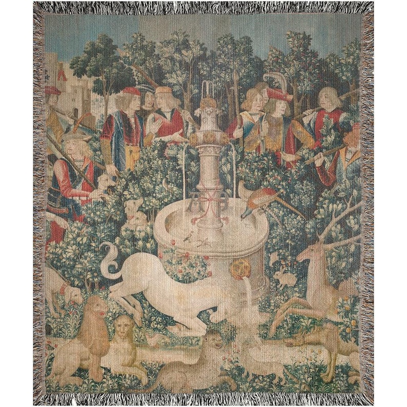Medieval Unicorn Woven Blanket | Renaissance Vintage Cotton Throw, Fantasy Fine Art Wall Tapestry 50x60 inch