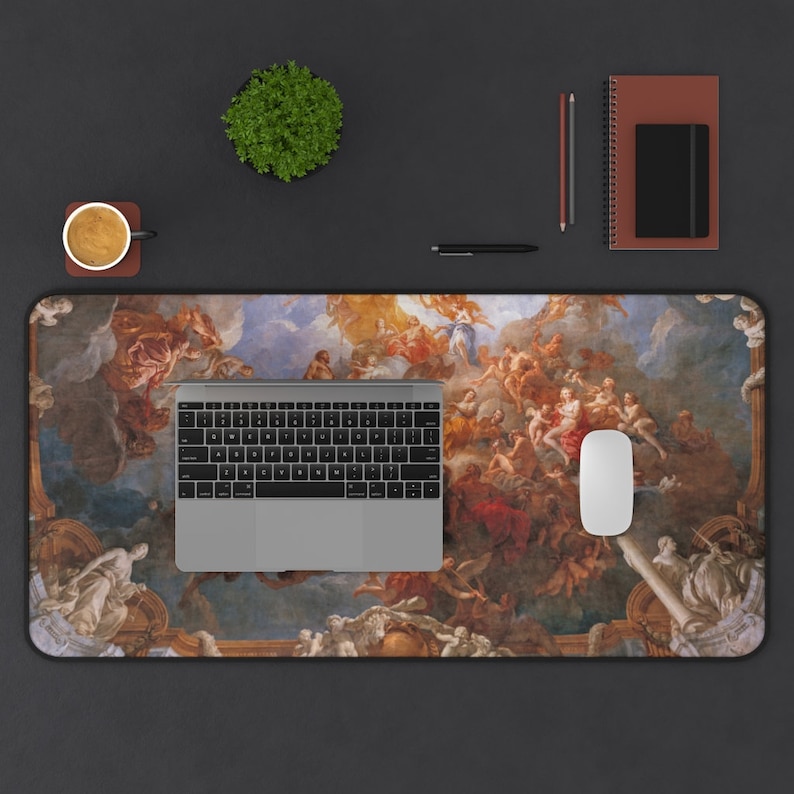 May include: A large desk mat featuring a colorful painting of a ceiling fresco with figures and clouds. The mat is designed to protect a desk surface from scratches and wear.