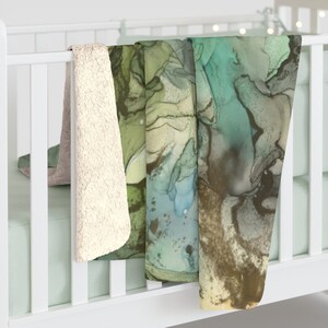 Grüne Decke, Sherpa-Decke, Aquarelldecke, Grüne Decke, Grüne Bettwäsche, Aquarellmalerei, Salbeigrün, Dunkelgrüne Decke Bild 6