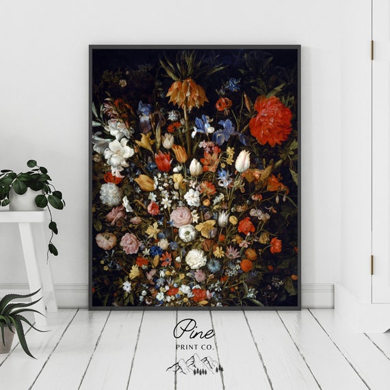 Black Floral Print, Floral Painting, Vintage Floral, Flower Wall Art, Vintage Painting, Black Wall Art, Gothic Flowers, Floral Art