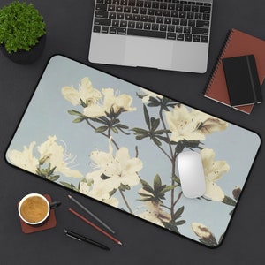 Blue Desk Mat, Floral Desk Mat, Floral Japanese, Japanese Desk Mat, White Flowers, Nature Desk Mat, Floral Mousepad, Blue Office Decor