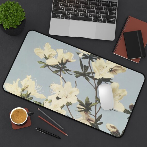 Blue Desk Mat, Floral Desk Mat, Floral Japanese, Japanese Desk Mat, White Flowers, Nature Desk Mat, Floral Mousepad, Blue Office Decor