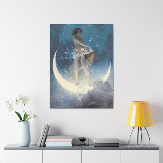 Moon Wall Art, Woman Moon, Nude Moon, Moon Home Decor, Large Wall Art, Vintage Painting, Edwin Blashfield, Woman Painting, Blue Art