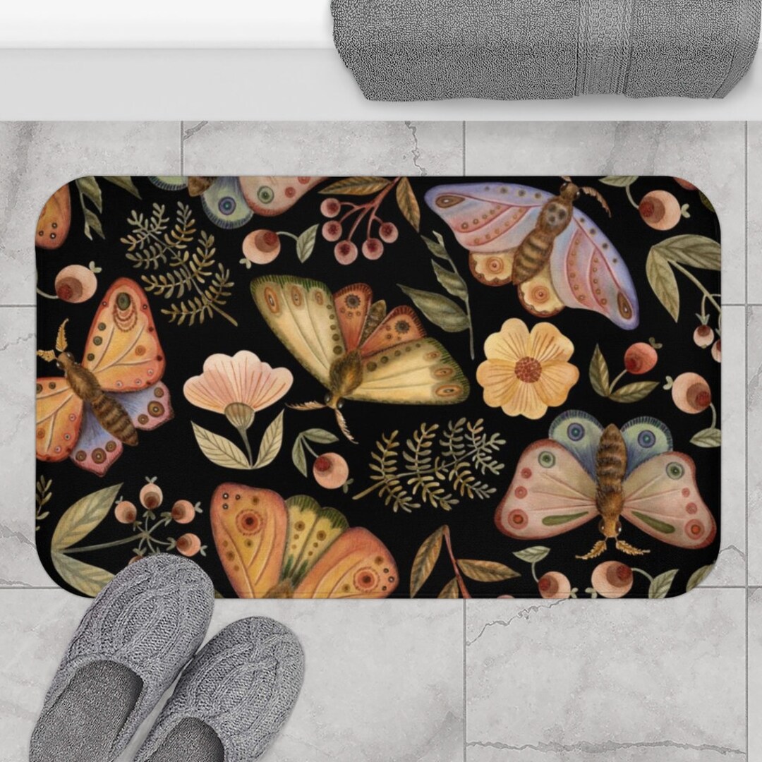 Black Bath Mat, Moth Decor, Vintage Bathroom, Moth Painting, Boho Bath ...