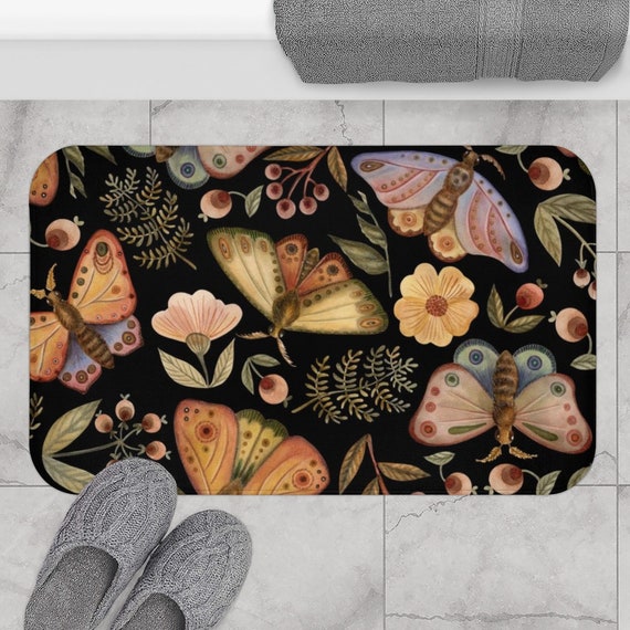 Black Bath Mat, Moth Decor, Vintage Bathroom, Moth Painting, Boho Bath Mat, Boho Bathroom, Nature Bath Mat, Nature Botanical