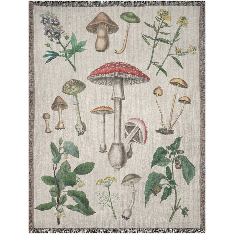 Manta de hongos, manta tejida, manta estilo cottagecore, manta de bosque, manta botánica, manta bohemia, manta de plantas, manta de naturaleza, tapiz 60x80 inch