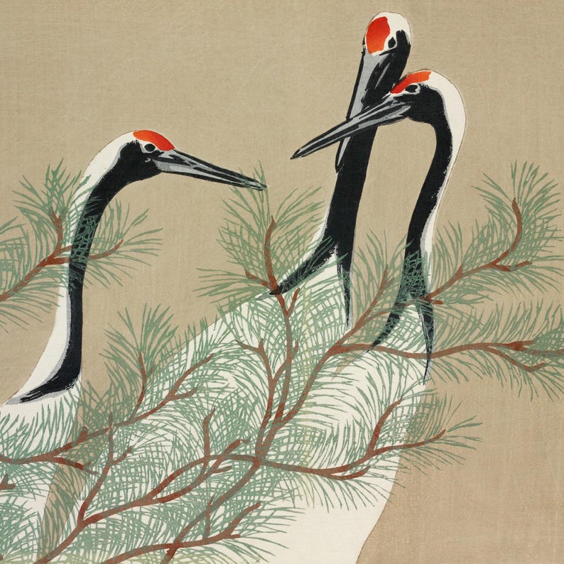 Kamisaka Sekka Crane Bird Tapestry | Vintage Japanese Botanical Wall Hanging, Fine Art Accent Piece image 3