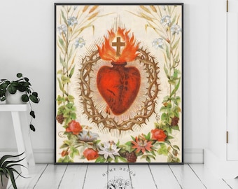 Renaissance Art | Vintage Painting | Medieval Print | Heart on Fire | Christian Wall Art | Gothic Home Decor | Floral Hanging