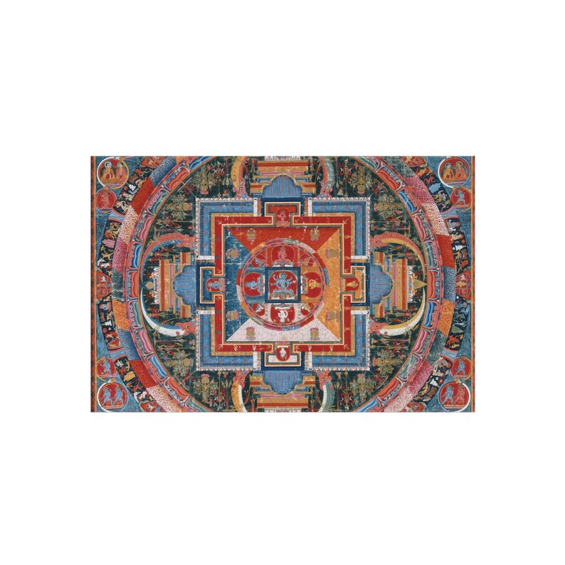 May include: A colorful mandala with intricate details and geometric patterns. The mandala is surrounded by a circular border with figures and symbols. The colors include red, blue, green, yellow, and white.