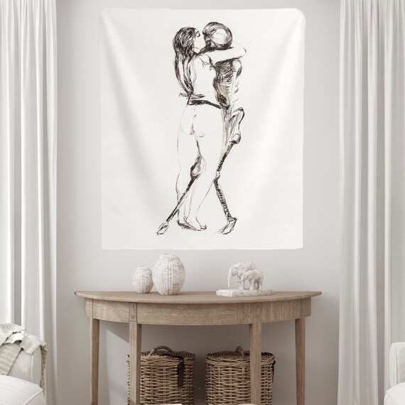 Death Tapestry, Art Tapestry, Boho Tapestry, Vintage Tapestry, Nude Tapestry, Death Decor, Edvard Munch, Nude Woman, Skeleton Tapestry