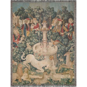Medieval Unicorn Woven Blanket | Renaissance Vintage Cotton Throw, Fantasy Fine Art Wall Tapestry 60x80 inch