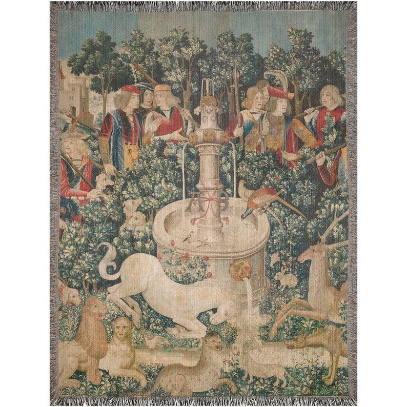 Medieval Unicorn Woven Blanket | Renaissance Vintage Cotton Throw, Fantasy Fine Art Wall Tapestry 60x80 inch