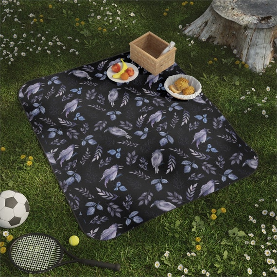 Black Picnic Blanket, Gothic Gift, Purple Black, Raven Blanket, Water Resistant, Picnic Blanket Carry Strap, Black Beach Blanket, Goth Gift