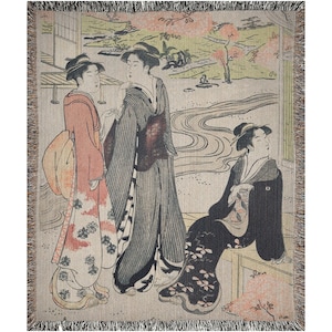 Japanese Blanket, Woven Blanket, Asian Blanket, Japanese Geisha, Japanese Decor, Japanese Throw, Japanese Art, Art Throw, Cherry Blossoms