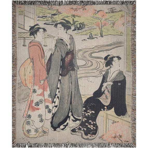 Japanese Blanket, Woven Blanket, Asian Blanket, Japanese Geisha, Japanese Decor, Japanese Throw, Japanese Art, Art Throw, Cherry Blossoms