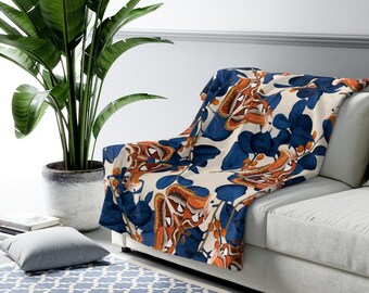 Moth Sherpa Blanket | Inspired Blue Orange Fleece Throw, Snuggle Travel Plush Essential