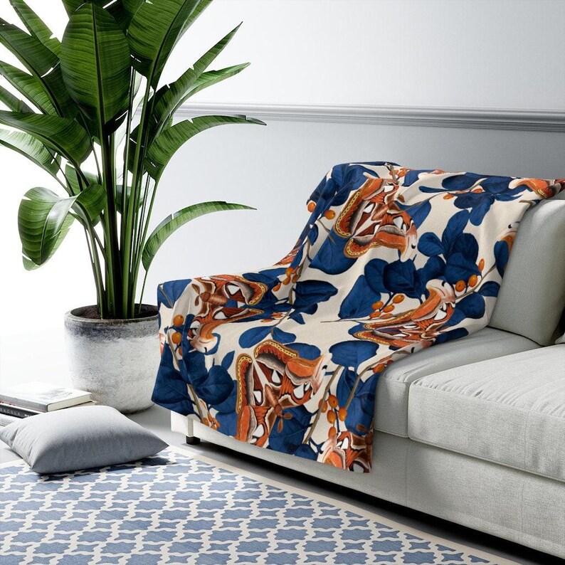 Moth Sherpa Blanket | Inspired Blue Orange Fleece Throw, Snuggle Travel Plush Essential image 1