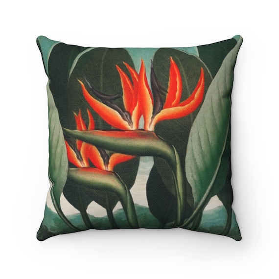 Tropical Pillow, Botanical Pillow, Tropical Decor, Jungle Pillow, Bird Of Paradise, Red Flower, Plant Pillow, Vintage Plant, Robert Thornton