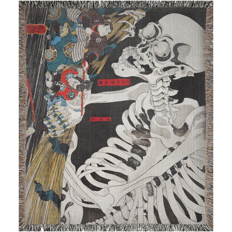 a tapestry of a skeleton dancing with a woman