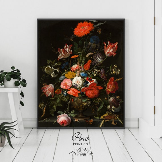 Vintage Floral Print, Flower Painting, Vintage Botanical, Abraham Mignon, Black Nature Print, Black Floral, Red Flowers, Botanical Wall Art