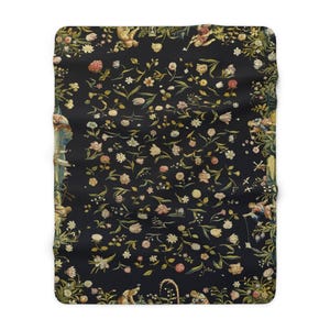 Black Floral Sherpa Blanket | Botanical Boho Pattern Fleece Throw, Cottagecore Inspired Plush Essential 60" × 80"