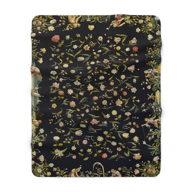 Black Floral Sherpa Blanket | Botanical Boho Pattern Fleece Throw, Cottagecore Inspired Plush Essential 60" × 80"