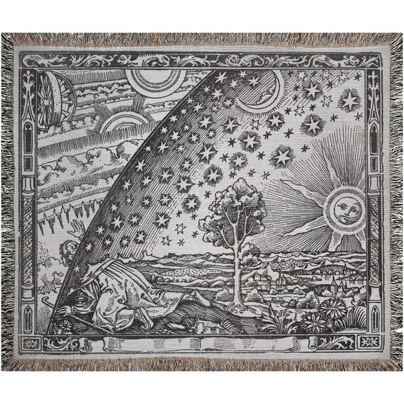 Flammarion Engraving, Woven Blanket, Black White Blanket, Sun Woven Blanket, Art Woven Blanket, Moon Woven Blanket, White Boho Blanket