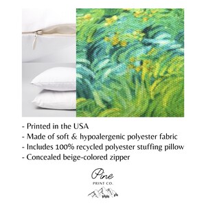 May include: A green and yellow throw pillow with a swirling abstract pattern. The pillow is made of soft, hypoallergenic polyester fabric and includes recycled polyester stuffing. The pillow has a concealed beige zipper.