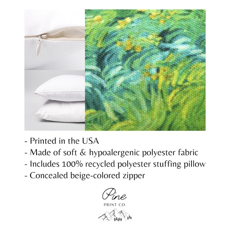 May include: A green and yellow throw pillow with a swirling abstract pattern. The pillow is made of soft, hypoallergenic polyester fabric and includes recycled polyester stuffing. The pillow has a concealed beige zipper.