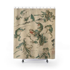 Japanese Frog Shower Curtain | Vintage Ukiyo-e Bathroom Decor, Cottagecore Botanical Aesthetic Powder Room Accent