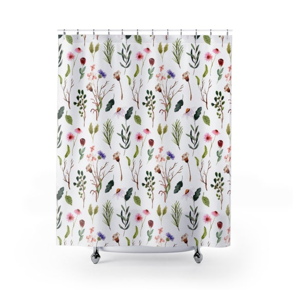 White Shower Curtain, Floral Shower Curtain, Plant Shower Curtain, Flower Bathroom, White Bathroom, Pink Flowers, Floral Home Decor