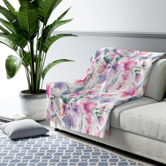 Floral Blanket, Pink Blanket, Floral Throw, Sherpa Blanket, Watercolor Flowers, Flower Blanket, Nature Blanket, Plant Throw, Pink Watercolor