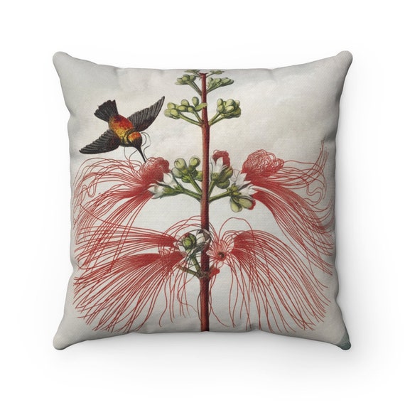 Botanical Pillow, Tropical Pillow, Floral Pillow, Bird Pillow, Hummingbird Decor, Pink Pillow, Bird Decor, Flower Bird, Bird Lover Gift