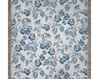 Blue Woven Blanket, Floral Blanket, Blue Throw, Boho Blanket, Blue Bedding, Blue Floral Plant Blanket, Botanical Blanket