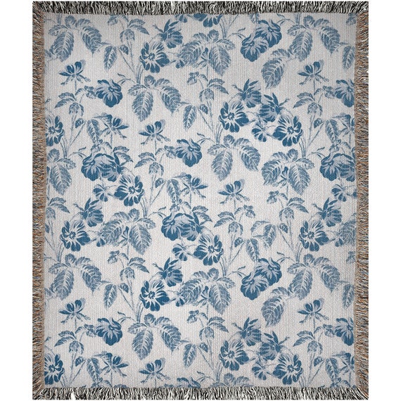 Blue Woven Blanket, Floral Blanket, Blue Throw, Boho Blanket, Blue Bedding, Blue Floral Plant Blanket, Botanical Blanket