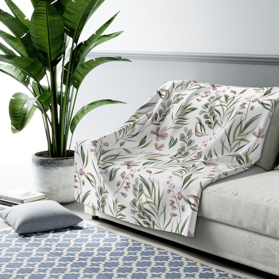 Tropical Blanket, Tropical Throw, Plant Blanket, Botanical Blanket, White Blanket, Plant Watercolor, Nature Watercolor, White Plant Blanket