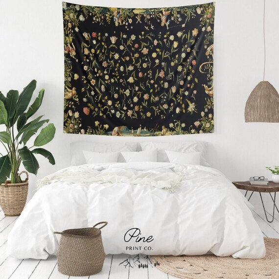 Black Tapestry, Floral Wall Hanging, Cottagecore Decor, Nature Tapestry, Floral Tapestry, Boho Tapestry, Vintage Tapestry, Dorm Tapestry