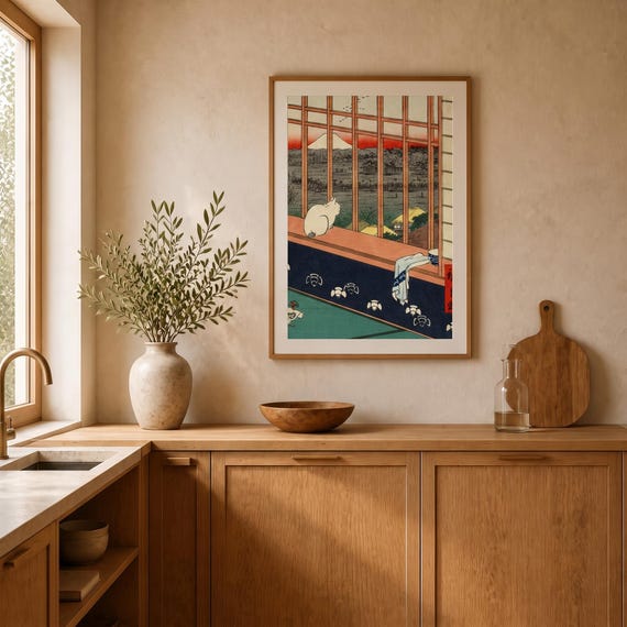 日本の猫のヴィンテージ木版画壁掛け | 浅草田田広重美術館ポスター