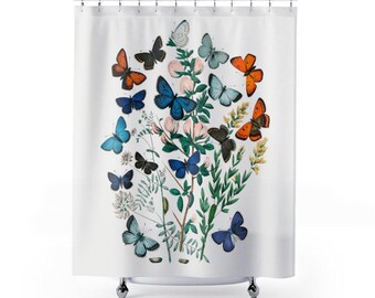Butterfly Shower Curtain | Botanical Bathroom Decor, Vintage Style Powder Room Accent