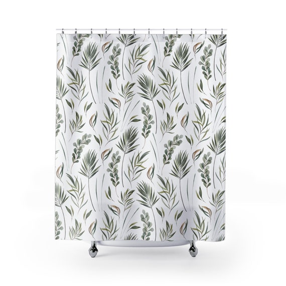 Plant Shower Curtain, Tropical Bathroom, Green Shower Curtain, White Shower Curtain, Nature Bathroom, Botanical Decor, Plant Watercolor