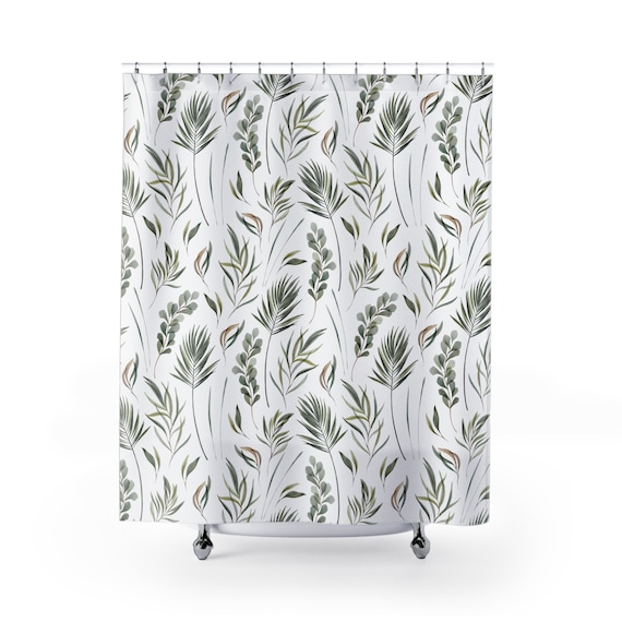 Plant Shower Curtain, Tropical Bathroom, Green Shower Curtain, White Shower Curtain, Nature Bathroom, Botanical Decor, Plant Watercolor