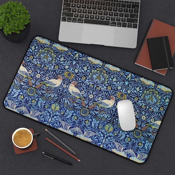 Blue Desk Mat, William Morris, Bird Decor, Blue Office Decor, Blue Mousepad, Bird Mousepad, Vintage Office Decor, Boho Desk Mat, Blue Bird