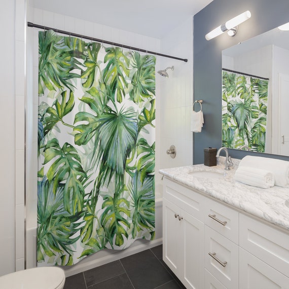 Tropical Bathroom, Jungle Bathroom, Monstera Decor, Plant Bathroom, Green Curtain, Watercolor Plant, Green Bathroom, Nature Bathroom