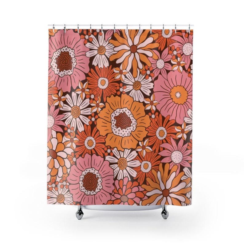 Floral Shower Curtain | Retro Bathroom Decor, Pink Powder Room Accent image 1