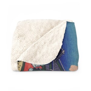 Japanese Sherpa Blanket, Cherry Blossom Blanket, Japan Blanket, Blue Pink Blanket, Japanese Art Blanket, Vintage Blanket, Japan Home Decor image 5