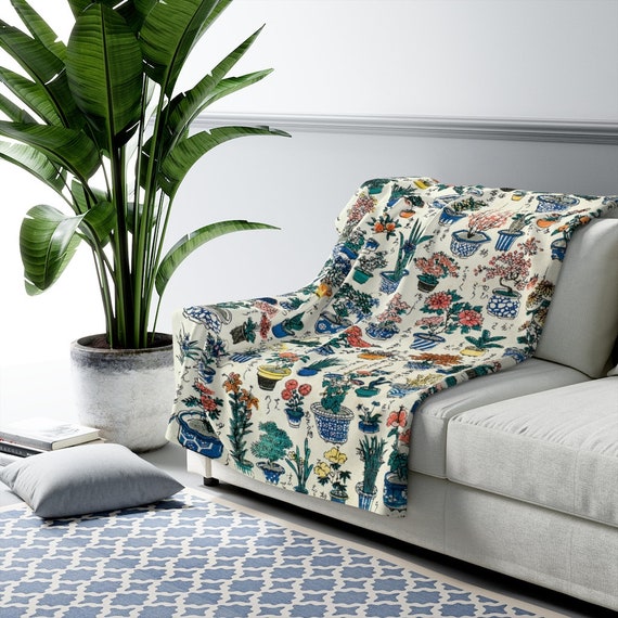Japanese Blanket, Bonsai Tree , Botanical Blanket, Vintage Japan, Japan Bedding, Sherpa Blanket, Tree Blanket, Vintage Tree, Tree Bedding