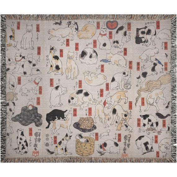 Cat Blanket, Woven Blanket, Japanese Woodblock, Asian Cat, Vintage Cat, Japanese Blanket, Boho Throw Blanket, Japanese Blanket, Asian Decor