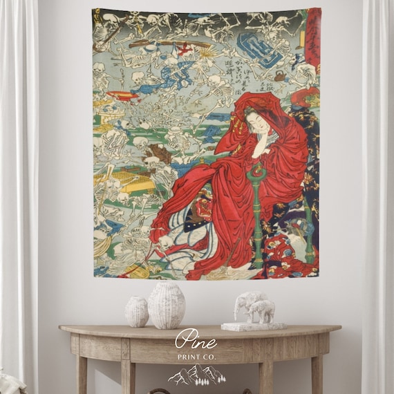 Japanese Tapestry, Woman Tapestry, Skeleton Tapestry, Kawanabe Kyosai, Japanese Woodblock, Art Tapestry, Vintage Tapestry, Skeleton Art