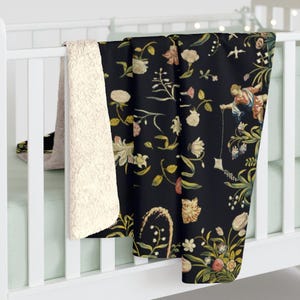Black Floral Sherpa Blanket | Botanical Boho Pattern Fleece Throw, Cottagecore Inspired Plush Essential image 7