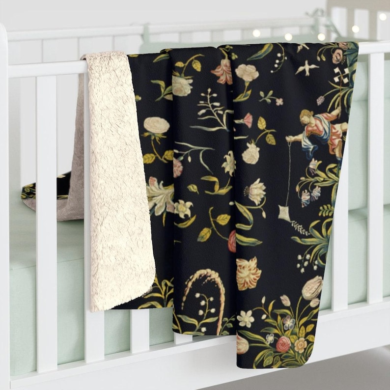 Black Floral Sherpa Blanket | Botanical Boho Pattern Fleece Throw, Cottagecore Inspired Plush Essential image 7